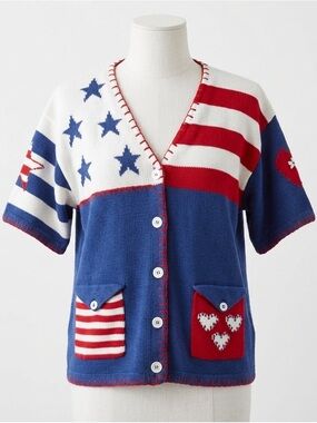 80s Vintage Americana Stars & Stripes Heart Patch Patriotic Cardigan Sweater XL